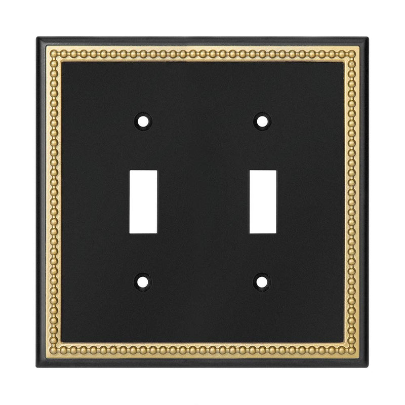 Pearled Frame Decorative Wall Plate Switch Plate Outlet Cover (Double Toggle, Black & Dark Golden) Double Toggle