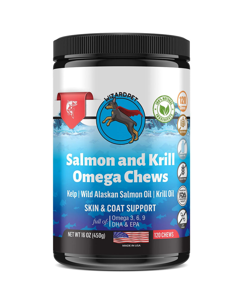 Wild Alaskan Salmon Krill Oil Chews for Dogs - 120 Soft Treats - Omega 3 6 9 Fish Supplement EPA, DHA for Itch-Free Skin Coat Joints - Allergy Relief - Reduce Hair Shedding - Made in USA - PawsPlanet Australia