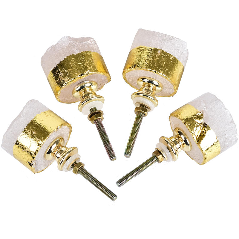 JIC Gem 4 Pack Clear Quartz Crystal Cabinet Knobs Gold Plated Drawer Pulls Home Office Decor Clear Quartz, 4pcs