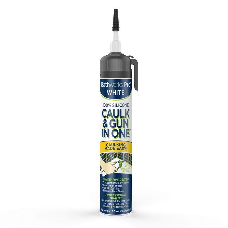 Bathworks Pro Caulk and Gun in One, Adjustable Easy-Flow Trigger, 100% White Silicone (1)