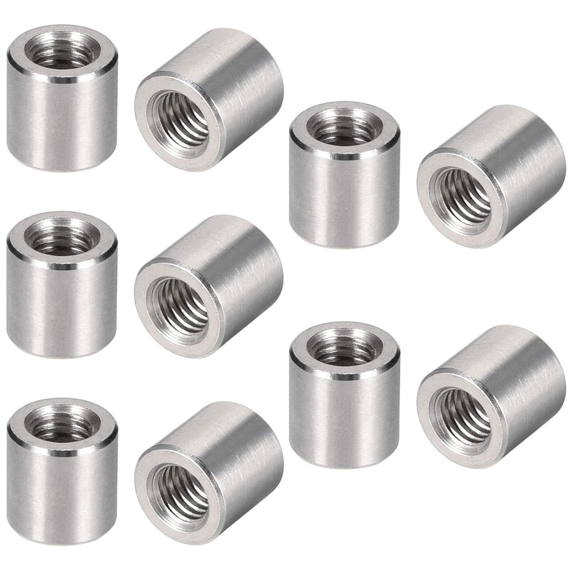 MroMax 10Pcs M6 Round Connector Nuts, 304 Stainless Steel Rod Coupling Nuts 10mm/0.39" Length Female Thread for Camera Pan, Lamp Bracket, Glass Folding Dining Table Silver M6 x 10mm x Φ10 10