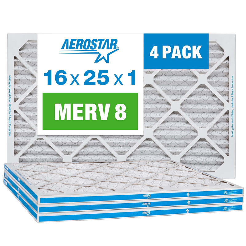 Aerostar 16x25x1 MERV 8 Pleated Air Filter, AC Furnace Air Filter, 4-Pack (Actual Size: 15 3/4"x24 3/4"x3/4") Air Filter, 16x25x1