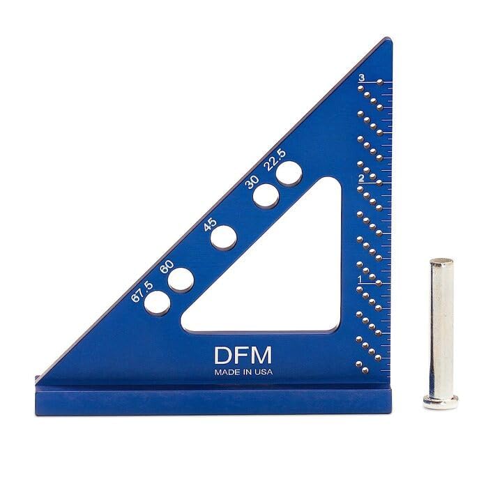 DFM Small Carpenters Work Tools w/Fixed Miter Angle Pin - Precision Woodworking - 3.5" x 3.75" Size for Pocket 1/16" Scribe Holes 5 x 1/4" Pin Holes - Made in USA - English Blue English - Blue