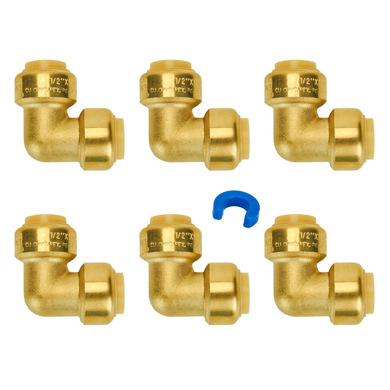 SUNGATOR 1/2" Push Pex 90 Degree Elbow Fittings, No Lead Brass Plumbing Fitting 1/2" Elbow, Push to Connect Pex Elbow, Quick Plumbing Fittings for Copper,CPVC,Pex Pipe, with 1 Release Tool, Pack of 6 1/2 Inch Brass Elbow, 6 Pack