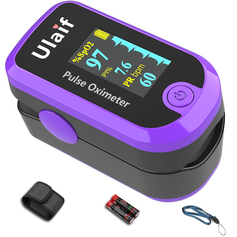 Pulse Oximeter, OLED Display Oxygen Monitor Fingertip, Blood Oxygen Saturation Monitor (SpO2) with Carrying Case, Batteries and Lanyard Purple