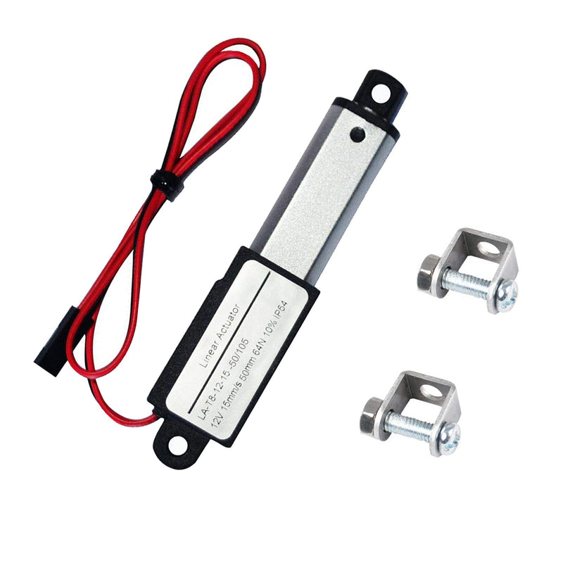 Electric Micro Linear Actuator 12V - 2" Stroke, 64N/14.4lb, Speed 0.6inch/s Mini Waterproof Motion Actuator Small 12 V DC, w/Mounting Brackets, for Fan Blades, Cabinets, Window Opener, Robotics, Table 2"