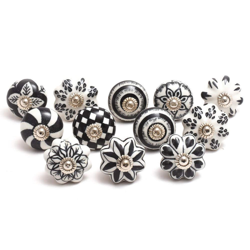 Eleet Designer Ceramic Cabinet Knobs - Pack of 12 Black & White Hand Painted Vintage Cabinet Cupboard Door & Drawer Pulls Chrome Hardware (12, Black &White) Ceramic Knobs Set of 12 - NewNest Australia