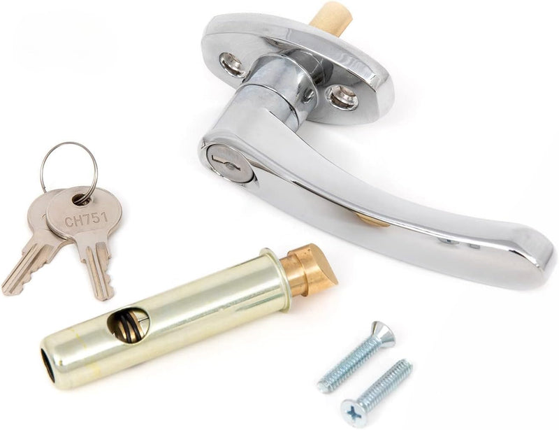 Oswald Supply L Handle and Latch Set, Chrome Locking ADA Approved with V- Spindle, Round Bolt/Plunger Latch, Midland Style with Keys and Hardware for Trash Chute and Linen Chute Doors ADA Compliant L-Handle