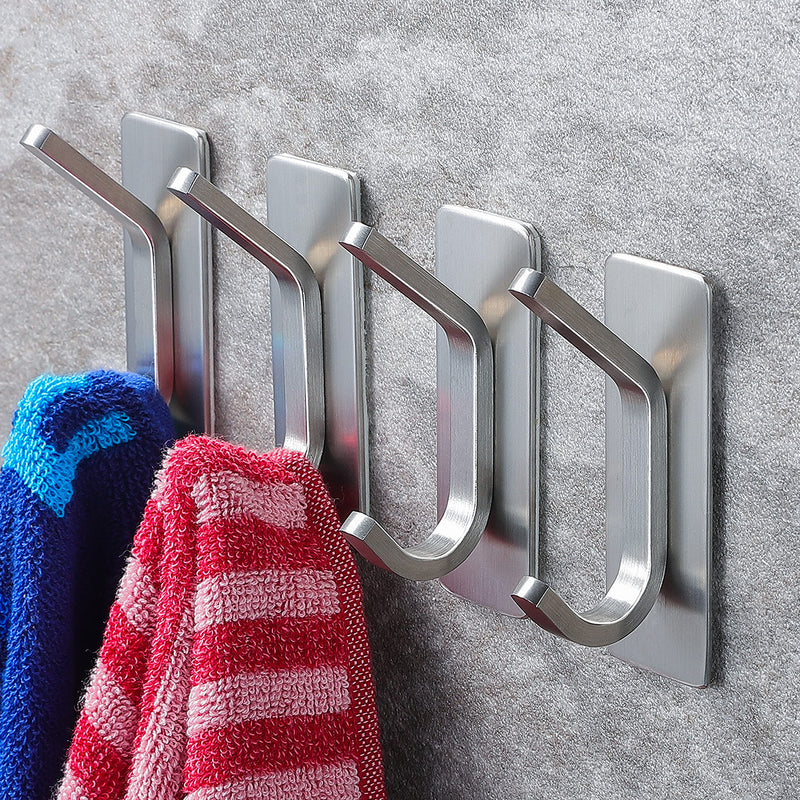 YIGII Towel Hook/Adhesive Hooks - Wall Hooks for Coat/Robe/Towels Stick on Bathroom/Kitchen 4-Pack, Stainless Steel Silver
