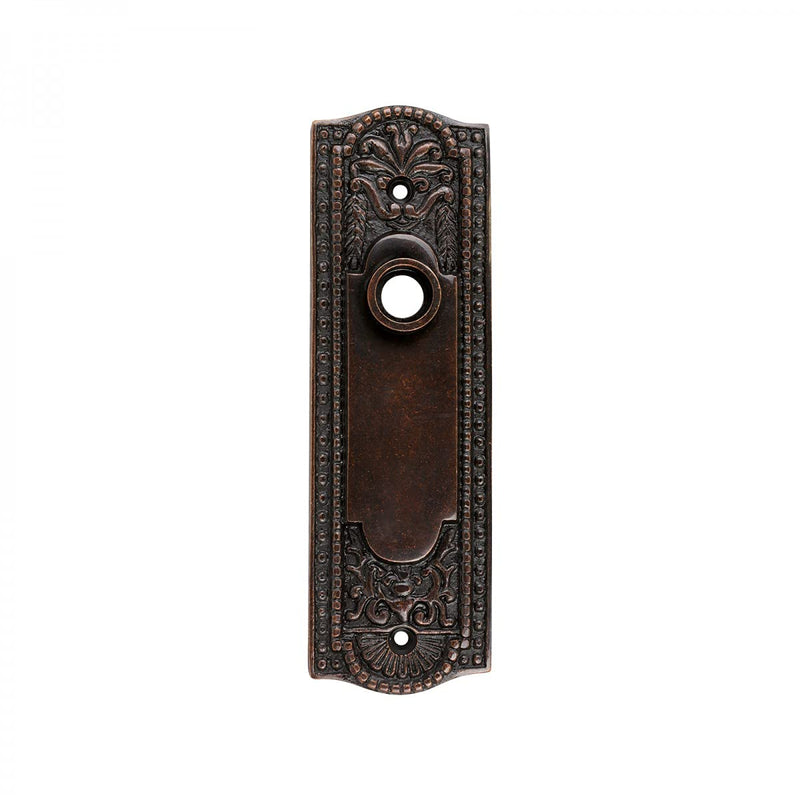 Renovators Supply Manufacturing Door Back Plate Brass 7 1/4 in. Escutcheon Cover Ornate Doorplate in Oil Rubbed Bronze Finish
