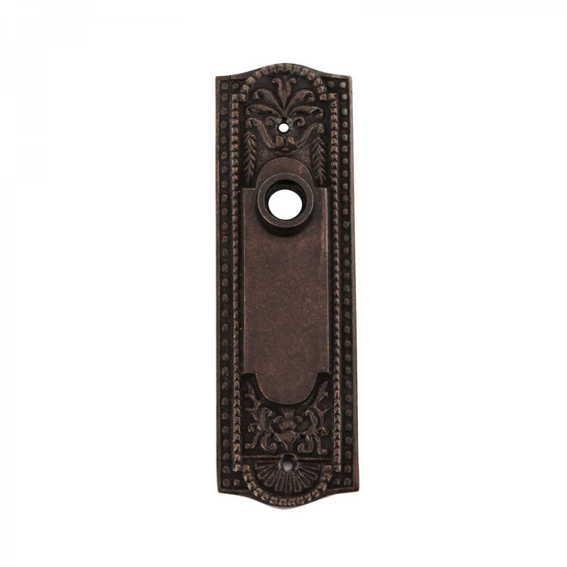Renovators Supply Manufacturing Door Back Plate Brass 7 1/4 in. Escutcheon Cover Ornate Doorplate in Antique Brass Finish