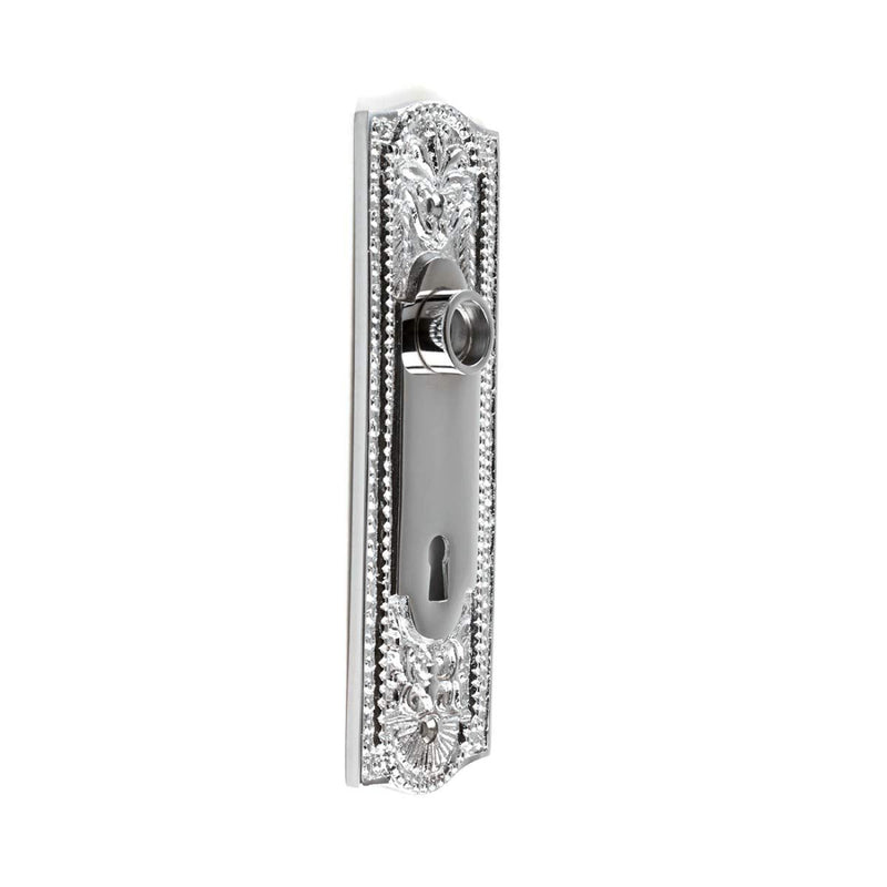 Renovators Supply Manufacturing Door Back Plate Chrome Finish Brass 7-1/4 in. Escutcheon Cover Beaded Doorplate with Keyhole Pack of 1 Chrome-keyhole