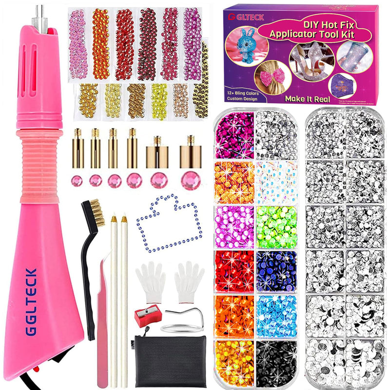 GGLTECK Hotfix Applicator Rhinestones -Valentines Day Gifts, Hot Fixed Bedazzler Kit, DIY Hot Fix Rhinestone Applicator with 7 Different Sizes Tips, 5304 PCS Rhinestones, Tweezers Brush Cleaning Kit