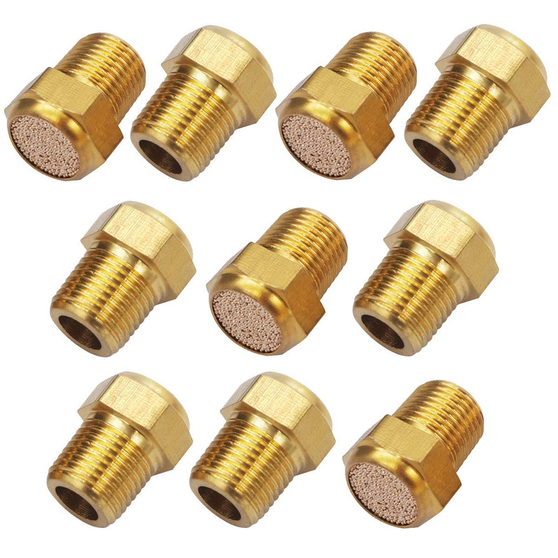 mxuteuk 10pcs Brass Pneumatic Muffler Filter Noise Silencer, Hex Sintered Silencer Air Line Fitting Flat 1/8" NPT XYQ-P-(1-8) 1/8" NPT (10 pcs)