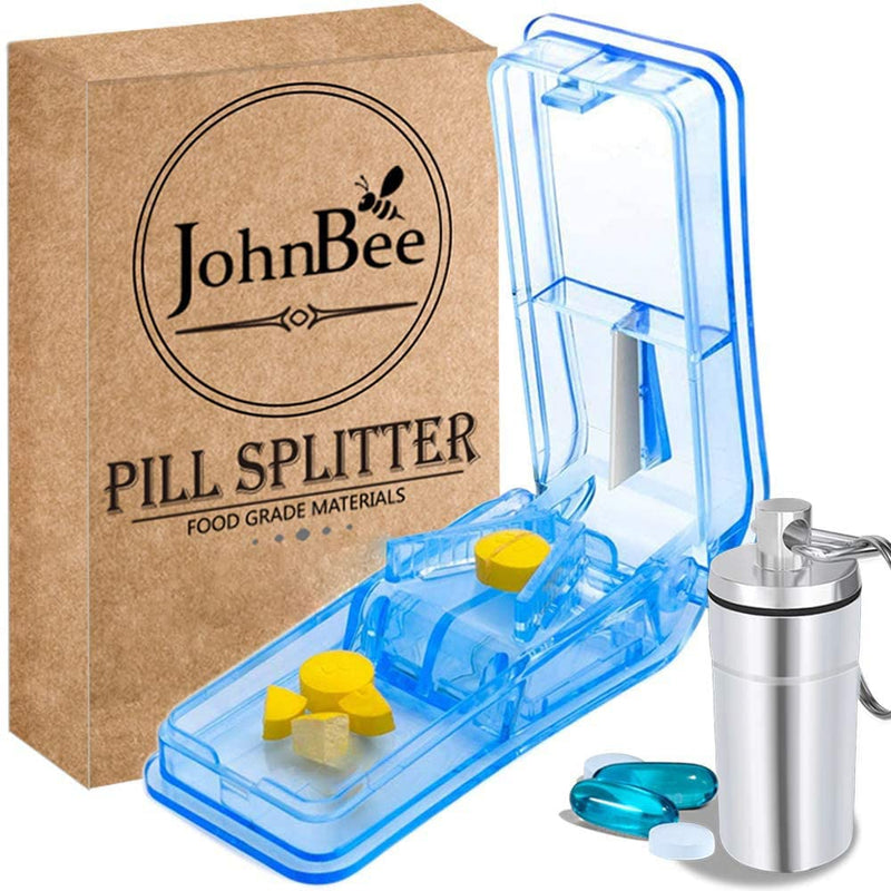 JohnBee Pill Cutter | Best Pill Cutter for Small or Large Pills | Designed in The USA| Cuts Vitamins | Includes Keychain Pill Holder (Blue) Blue