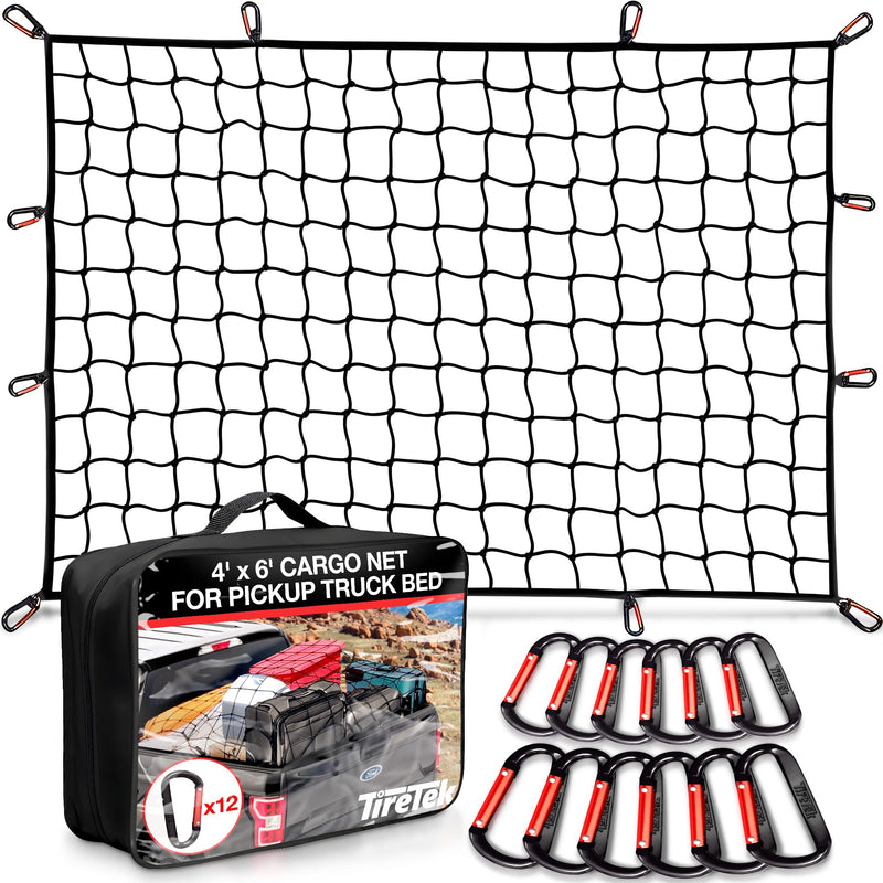 Cargo Net for Pickup Truck Bed (4'x6' Stretches to 8'x12') Double Thick Heavy Duty Pickup Truck Bed Organizer Accessories - 12 Metal Carabiners, Bungee Mesh Accessory with Strap Hooks 4' x 6'