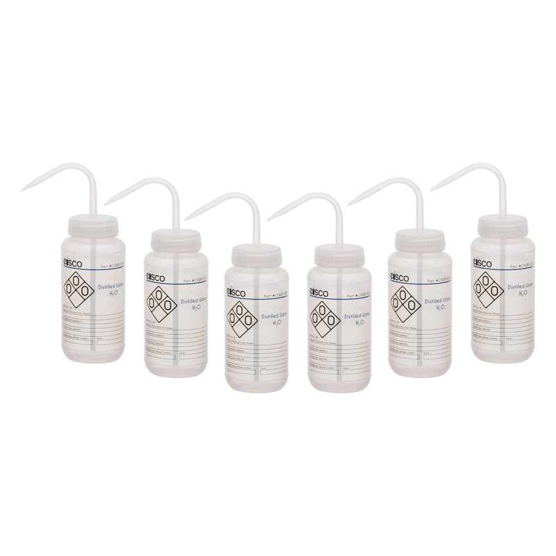 EISCO 6PK Wash Bottle for Distilled Water, 500ml - Labeled with Color Coded Chemical & Safety Information (2 Color) - Wide Mouth, Self Venting, Low Density Polyethylene Labs 6