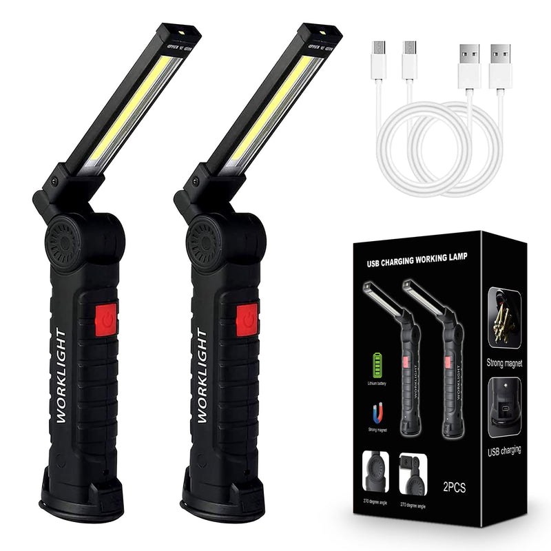 2Pack LED Work Lights, USB Rechargeable COB Light with Magnetic Base 360°Rotate and 5 Modes, Folding Flashlight Inspection Mechanic Light for Car Repairing, Workshop, Household and Emergency Use,Large 2Pack Black