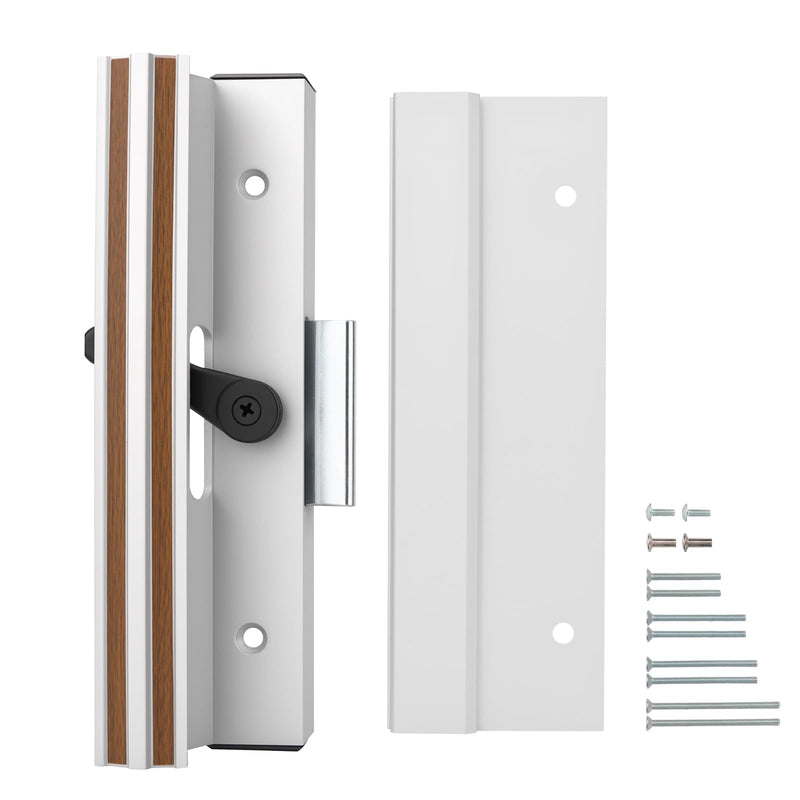 Baomain Surface Mount Sliding Patio Door Handle Set, 4-15/16" Hole Spacing C-to-C, Clamp Style Aluminum Replacement for Sliding Glass Doors, White with Woodgrain Finish 4-15/16 Inch (Hole Spacing)