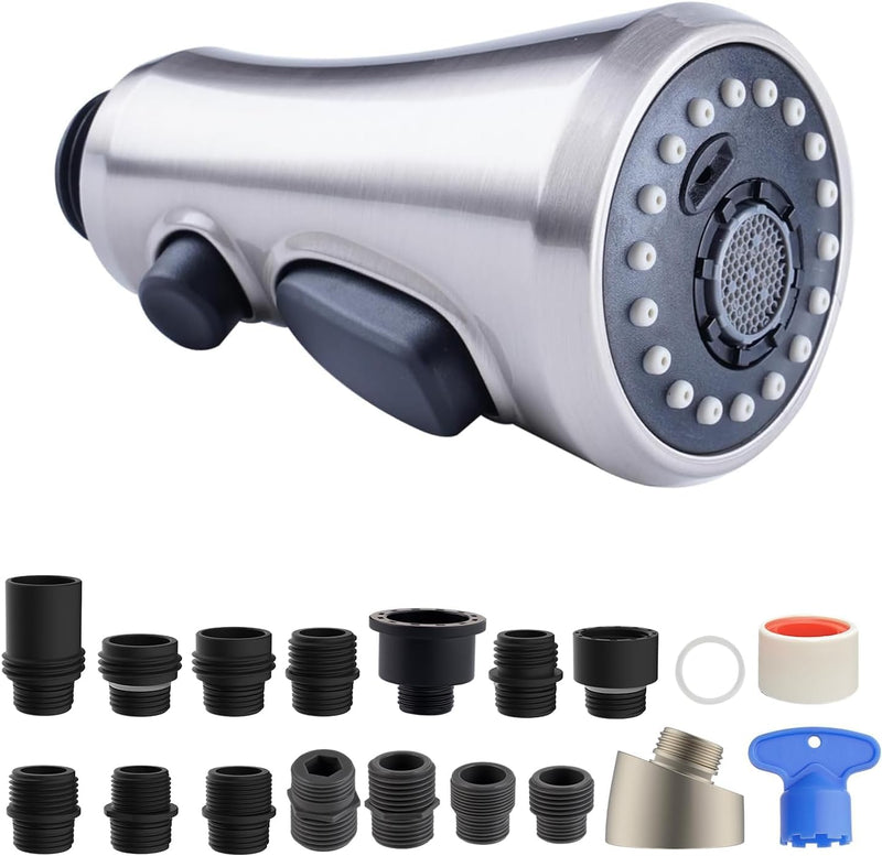 Hibbent Pull Down Spray Head for Kitchen Faucet, 3-Function Sink Spray Nozzle with 15 Adapters, Faucet Head Replacement Compatible with Moen, American Standard, Delta, Kohler Faucets, Brushed Nickel 2.5 Gallon Per Minute
