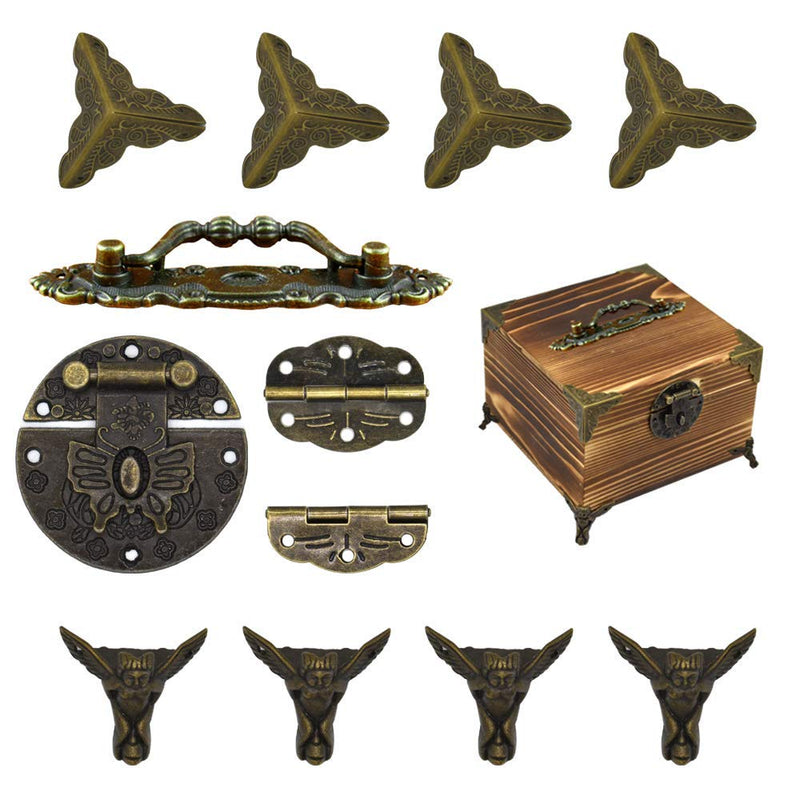 Jewelry Box Antique Lock Latch Hasp Hinges Handle Box Corner Protectors Kit for DIY Jewelry Box Bronze, Box not Included TSJ