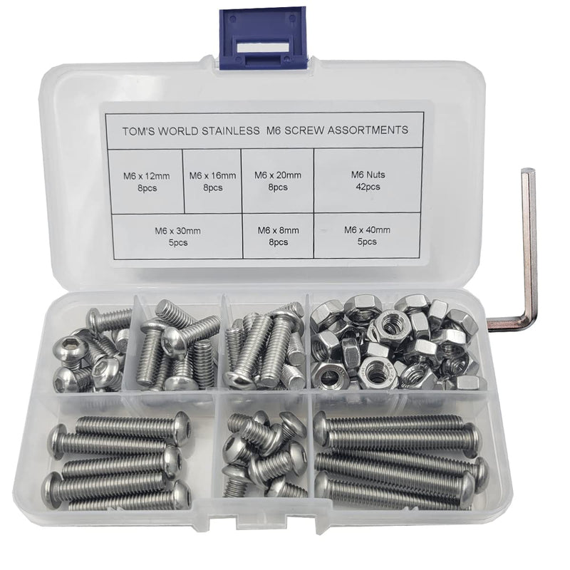 84Pcs M6 x 8mm,12mm,16mm,20mm,30mm,40mm Hex Pan Head Cap Bolts Nuts Screws Assortment Set 304 Stainless Steel Allen Socket Drive Machine Screws with Wrench (84PCS M6 Hex Screws Nuts) 84PCS M6 Hex Screws Nuts
