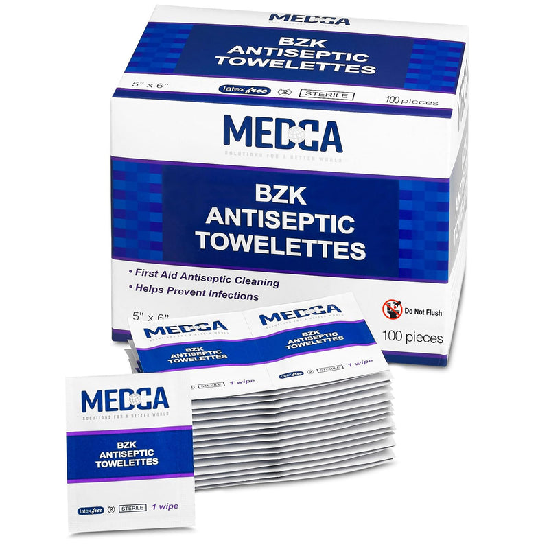 Hand Wipes – (Pack of 100) Benzalkonium Chloride Swabs Individual BZK Single-Use Packets by MEDca 100 Count (Pack of 1)