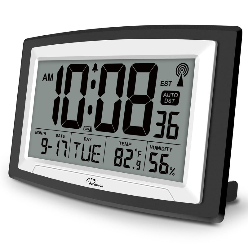 WallarGe Atomic Clock with Indoor Temperature and Humidity, 12.5 Inch Self-Setting Digital Wall Clock or Desk Clock, Battery Operated Digital Clock Large Display for Seniors, Auto DST 12.5 inches