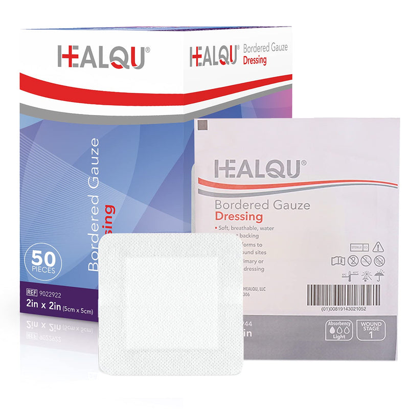 HEALQU Bordered Gauze Island Dressing - 50 Count, 2" x 2" Sterile Individually Wrapped Gauze Pads with Water-Resistant, Non-Woven Backing - Soft and Breathable Wound Dressing for First Aid and Medical 2x2" (1x1" pad) Box of 50