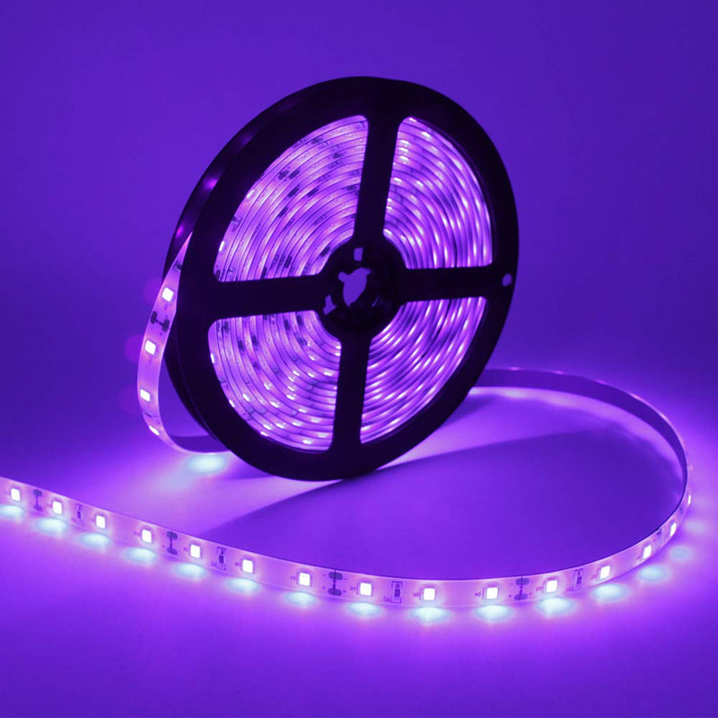 LED UV Black Light Strip Kit, Ultraviolet Waterproof IP65 16.4FT/5M 3528 300LEDs, 395nm-405nm Blacklight for DJ Bar Club Party Decor Night Fishing with 12V Power Supply 12V Waterproof