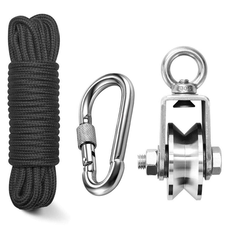 TooTaci 48MM Stainless Steel Crane Pulley System - Heavy Duty Lifting with V Type Swivel Hook, 1/4" Nylon Rope 33ft & Carabiner Lock 48MM V-Type PULLEY SET V Type Swivel Pulley