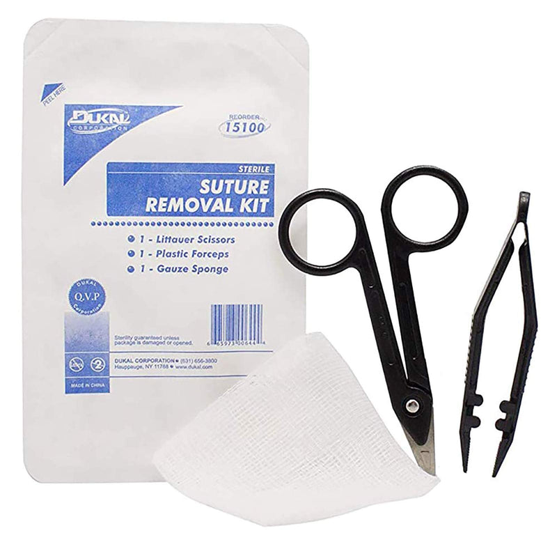 Dukal Single Use Suture Removal Kit. Sterile Suture Removal Trays. Extra Protection Against Cross Infection. Sterile Scissors, Suture Forceps and Gauze Pad. Disposable Suture Removal Pack.