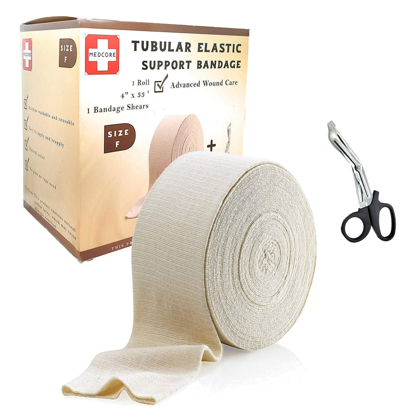 Premium Elastic Tubular Medical Bandage Size F Stockinette, 4 inches x 33 Feet Plus One Pair of Medical Scissors Size F (4.0" x 33')