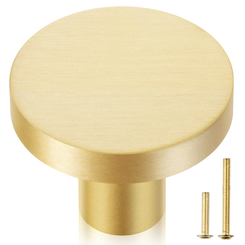 QOGRISUN 10-Pack Solid Brass Cabinet Knobs, 1-Inch Diameter, Round Gold Dresser Drawer Pulls Handles, Modern Kitchen Hardware, Brushed Brass Finish 1-1/8-Inch Diameter 10 Pack