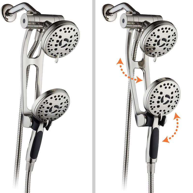 High Pressure 48-mode Luxury 3-way Combo with Adjustable Extension Arm – Dual Rain & Handheld Shower Head – Extra Long 6 Foot Stainless Steel Hose – All Brushed Nickel Finish – Top US Brand