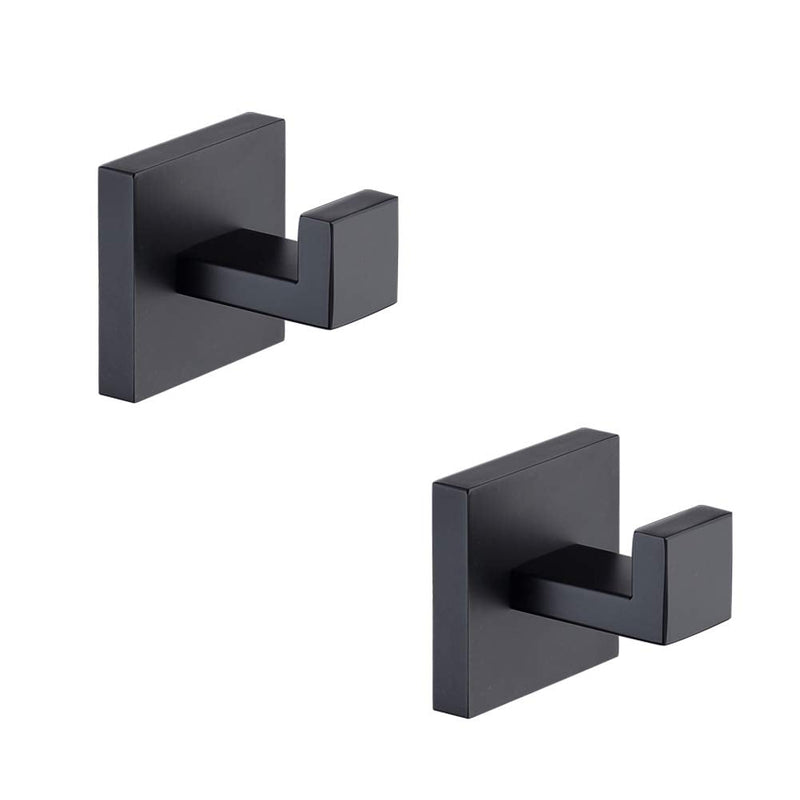 TASTOS Bath Towel Hooks Matte Black, 2 Pack Stainless Steel Robe Coat and Clothes Hook, Heavy Duty Wall Hook for Bathroom & Kitchen, Modern Square Style Wall Mounted (Black) Square Size