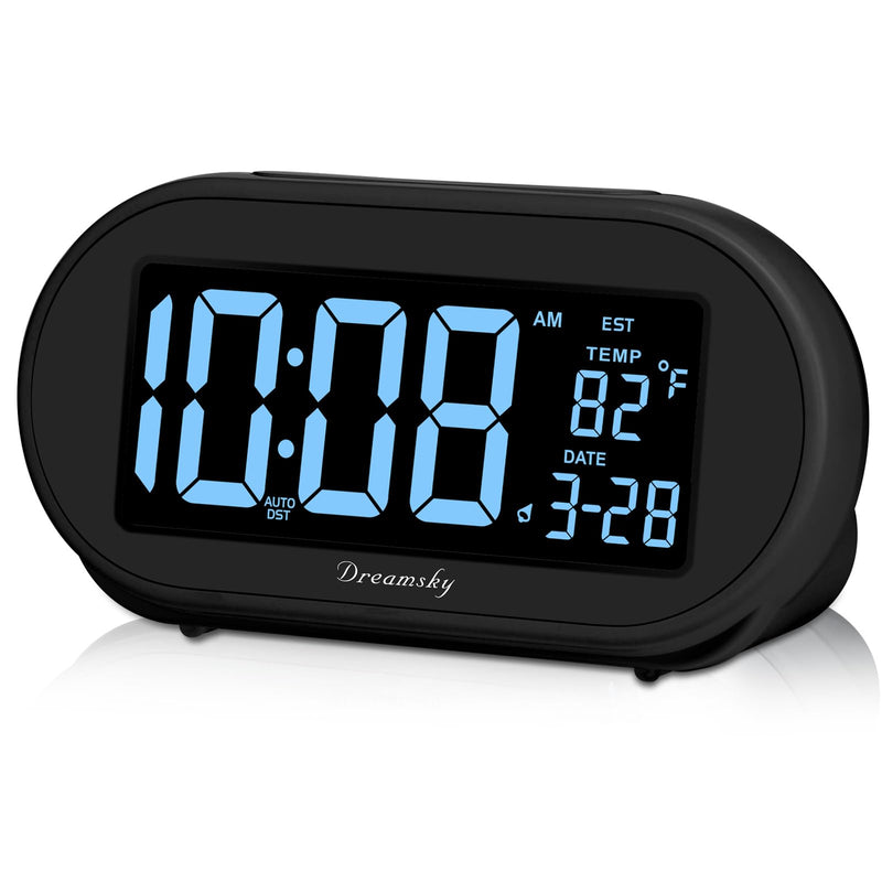 DreamSky Alarm Clocks for Bedrooms, Auto Set Digital Desk Clock for Bedside Nightstand, Electric Clock with Dimmable Brightness Dimmer, Auto DST, USB Port, Date, Temperature, Snooze Black