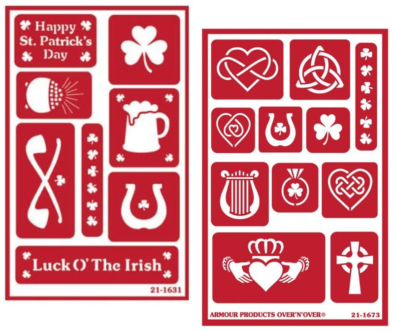 2 Armour Etch Over N Over Reusable Glass Etching Stencils Set | Irish Theme with Shamrock, Clover, Celtic Knot, Harp Designs