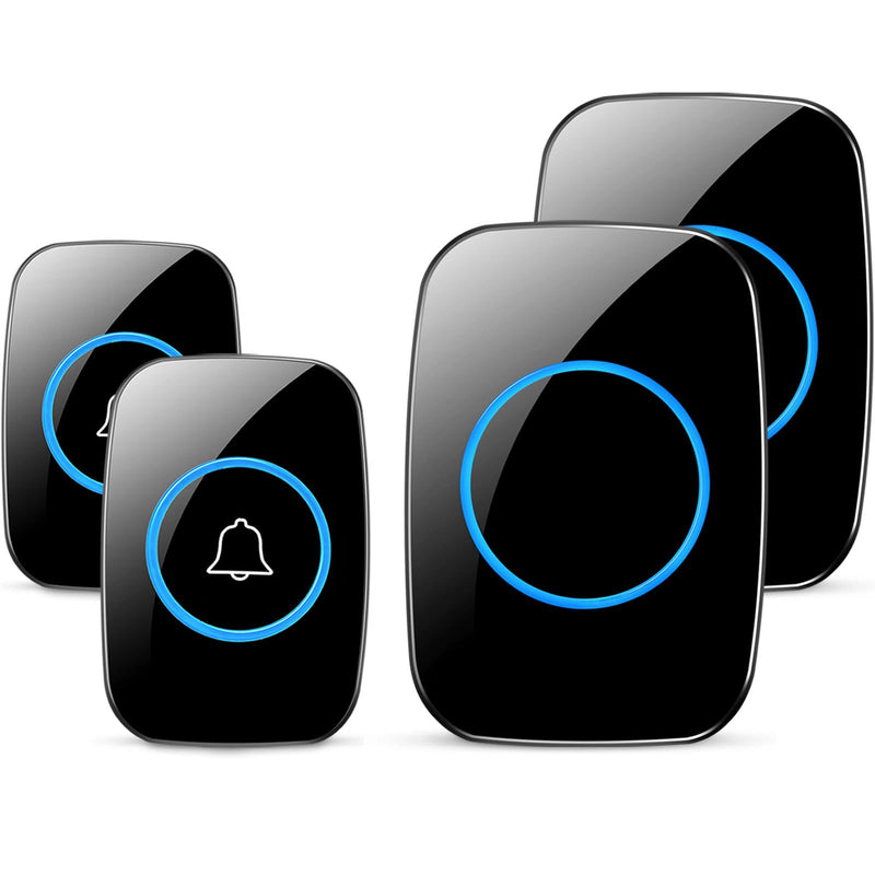 Wireless Doorbell, Waterproof Door Bell Kit, Distinguish Front and Rear Doors, Over 1000 feet Range and 60 Chime, 5 Levels Volume and LED Flash, for Home Office Classroom 2 Push Button + 2 Plug-In Receiver Black