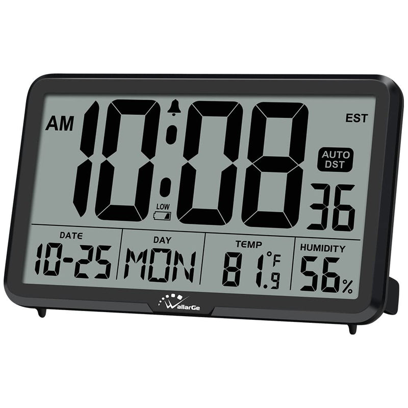 WallarGe Auto Set Digital Wall Clock Battery Operated, Desk Clocks with Temperature, Humidity and Date, Large Display Digital Calendar Alarm Clock for Elderly, Bedroom, Office, 8 Time Zone, Auto DST. Black