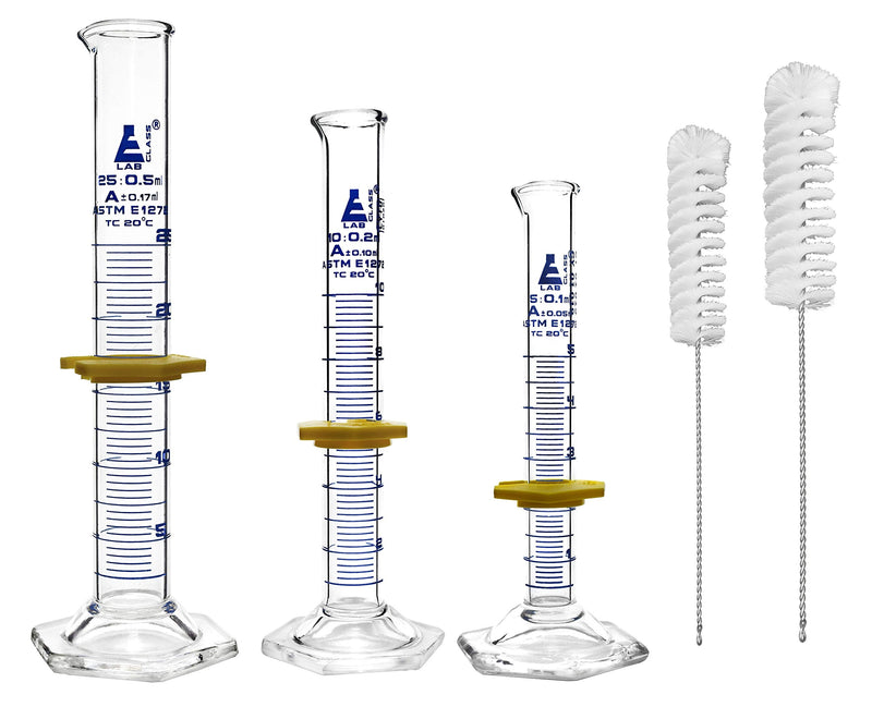 EISCO Graduated Cylinders & Cleaning Brushes - 5 Piece Set - ASTM, Class A - 5mL, 10mL, 25mL - Blue Graduations - 2 Nylon Bristle Brushes - Borosilicate 3.3 Glass