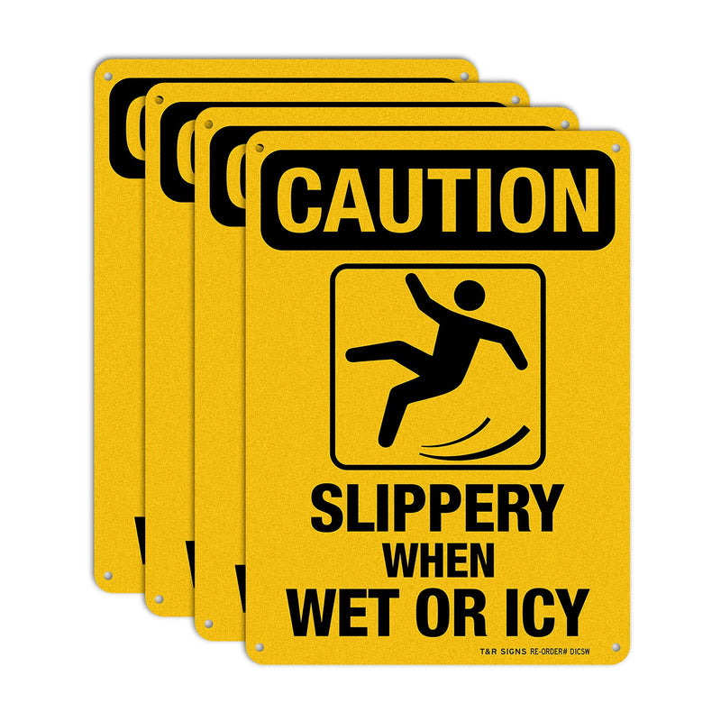 Slippery When Wet Or ICY Sign, Caution Sign, 4 Pack, 10" x 7" Rust Free .040 Aluminum, UV Protected, Waterproof, Weatherproof and Fade Resistant, 4 Pre-drilled Holes YELLOW - 4 Pack