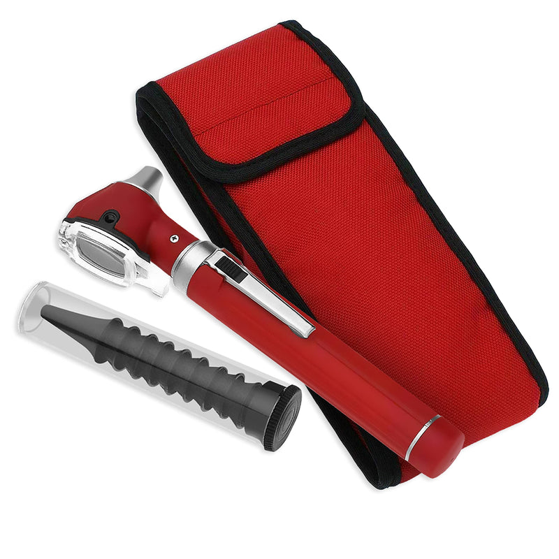 SURGICAL ONLINE Fiber Optic Mini Otoscope Rainbow Many Colors - Pocket Otoscope with Case ENT Diagnostic Set w/Extra Bulb Included (Red)