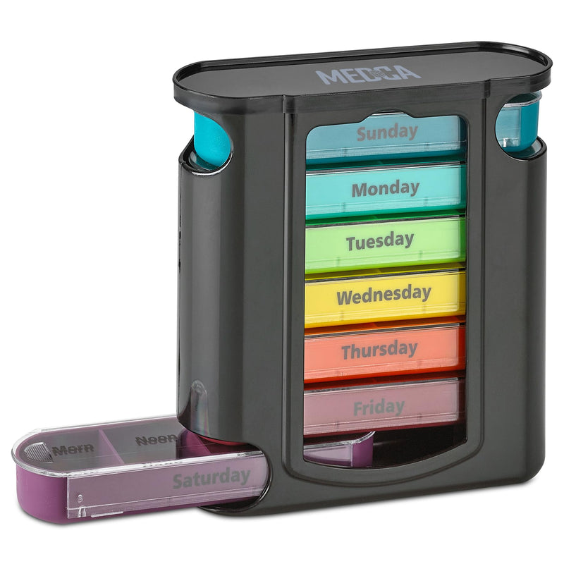 Weekly Pill Organizer, 1 Dispenser, 7 Stackable Compartments Four Times-a-Day - Morning, Noon, Evening, and Bedtime, Black 1 Count (Pack of 1)
