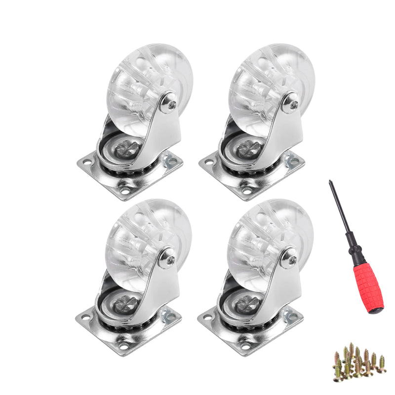 Swivel Casters Set of 4, 2 Inch Caster Wheels for Furniture, Crystal Clear Polyurethane Furniture Casters-Rolling Castors with 360 Degree Plate for Cabinet,Ottoman,Bench (500 Lbs,Screws Included) 2",4 Swivel,Clear