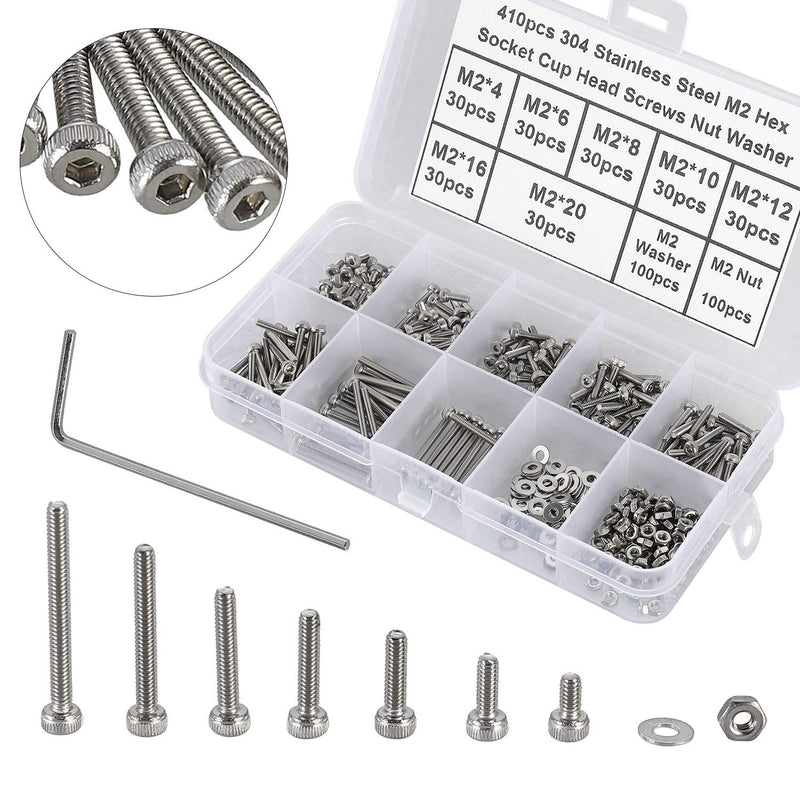 410Pcs Tiny Hex Socket Head Cap Screws Bolts, 304 Stainless Steel M2 x 4/6/8/10/12/16/20mm, Micro Allen Head Machine Screws, Nuts and Washers Kit with Hex Wrench, Fully Threaded Pitch: 0.4mm Silver-410Pcs M2 Socket Cap Head Screw-304