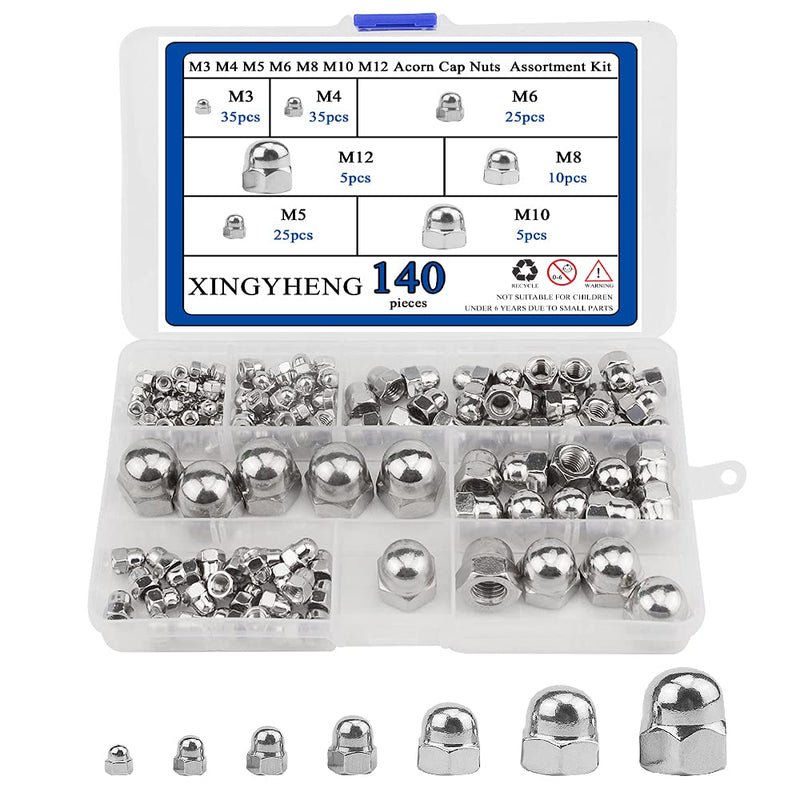 XINGYHENG 140Pcs 7Kinds 304 Stainless Steel M3 M4 M5 M6 M8 M10 M12 Acorn Cap Nut Decorative Hex Cap Dome Nuts Assortment Kit