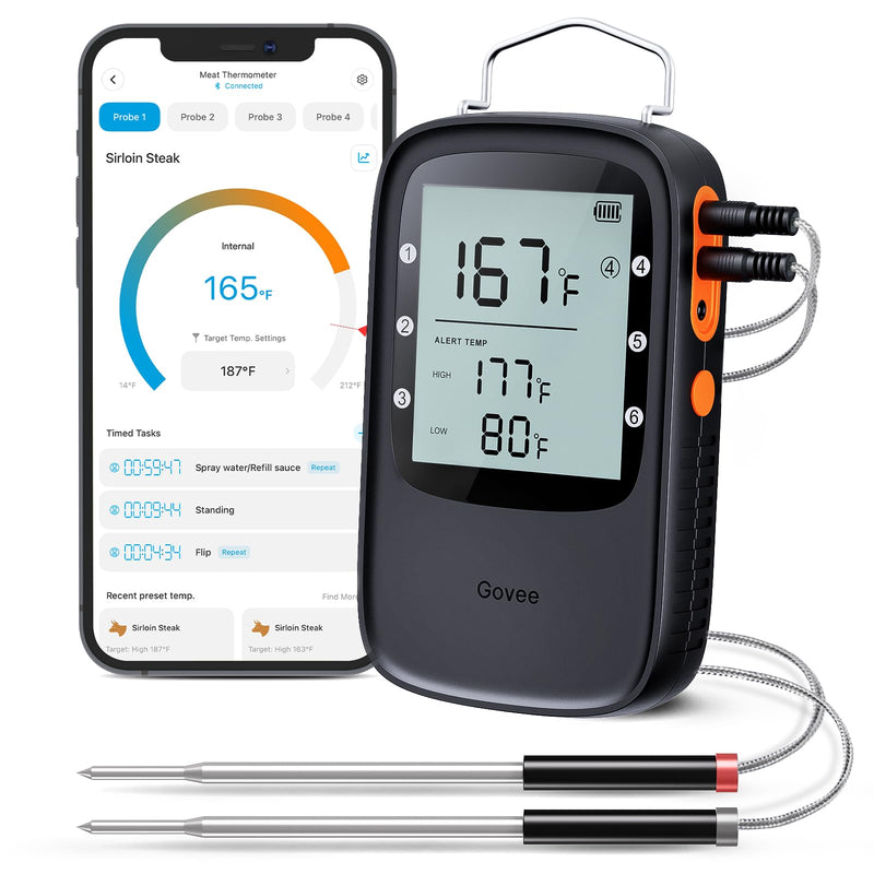 Govee Bluetooth Meat Thermometer, Wireless Meat Thermometer for Smoker Oven, Digital Grill Thermometer with 2 Probes, Timer Mode, Smart LCD Backlight BBQ Thermometer for Cooking Turkey Fish Beef 2 x Probes Black