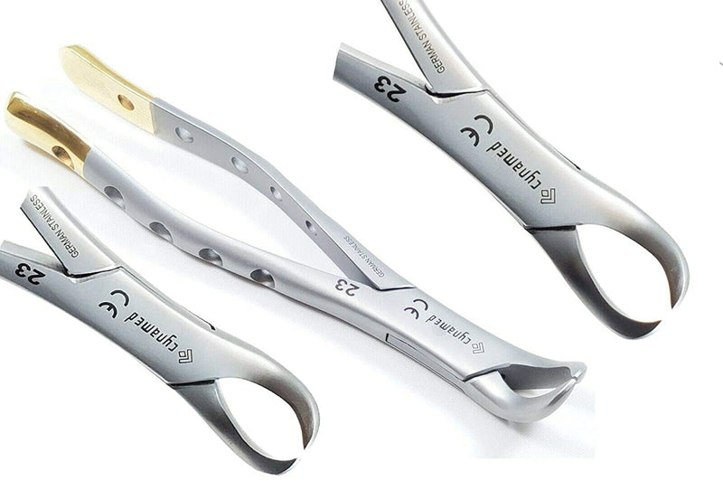 Gold Handle Premium Grade Dental Extracting Extraction Forceps Lower Molars Cow-Horn Beak #23 Dental Extracting Forceps -Cynamed
