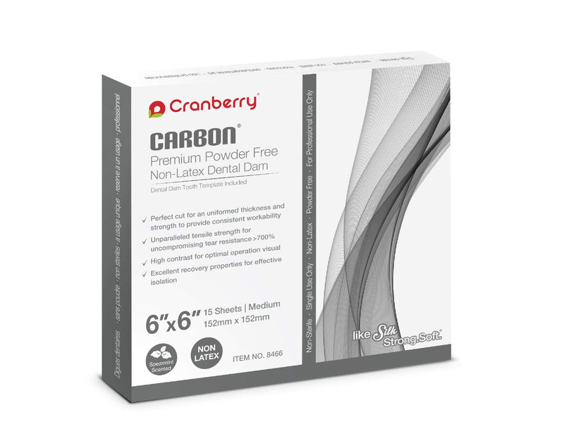 Cranberry USA CR8466 Carbon Dental Dam, Non-Latex Powder-Free, Spearmint Scented, Dark Grey, 6" x 6" Size, Pack of 15